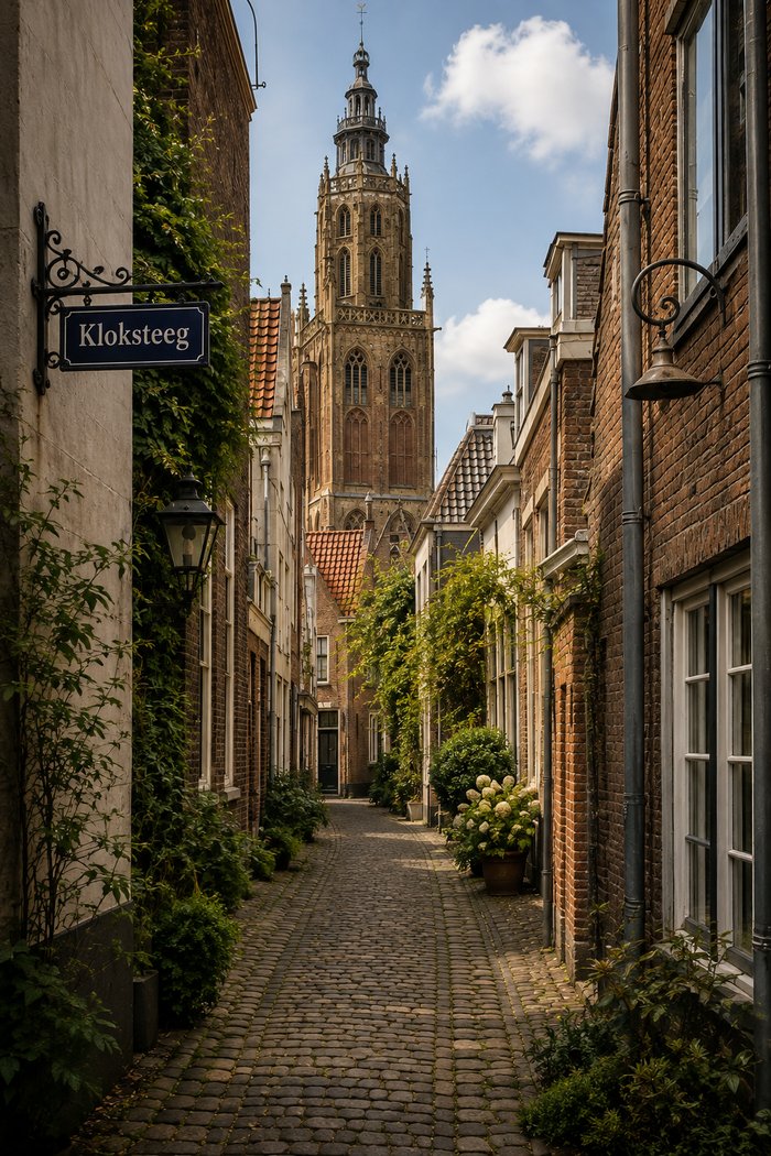 Artistic impression of the Kloksteeg in Leiden, with the Pieterskerk tower in the background