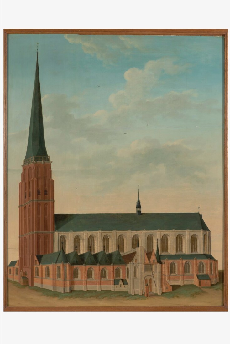 Historic painted view of the Pieterskerk in Leiden, circa 1515