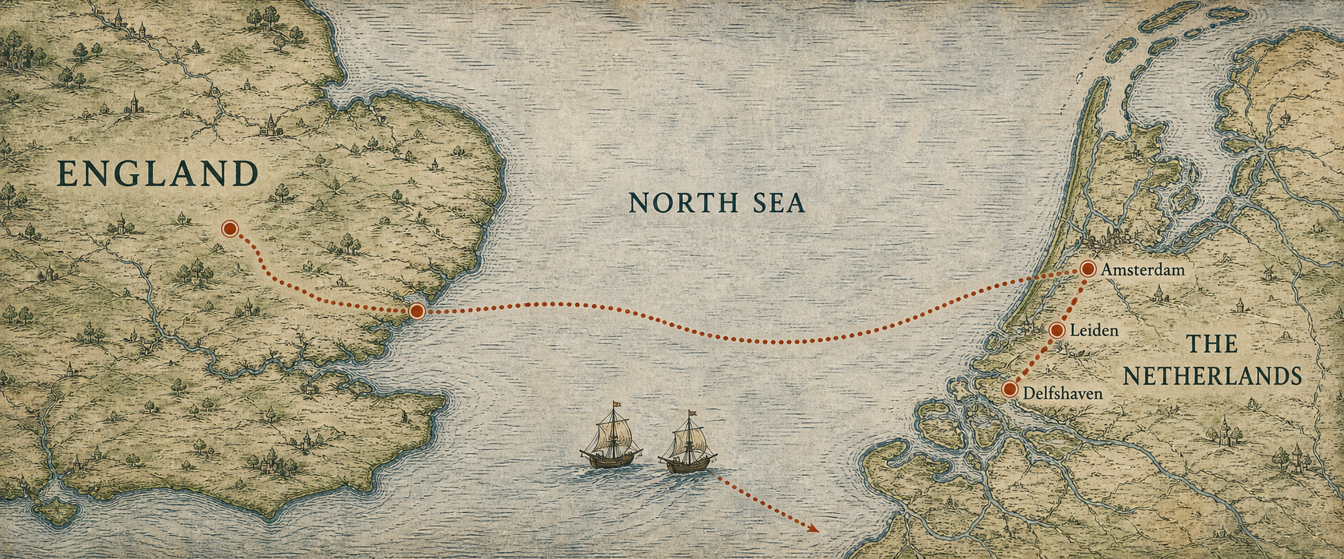 Artistic route map showing the crossing from England to Amsterdam, on to Leiden, and finally Delfshaven