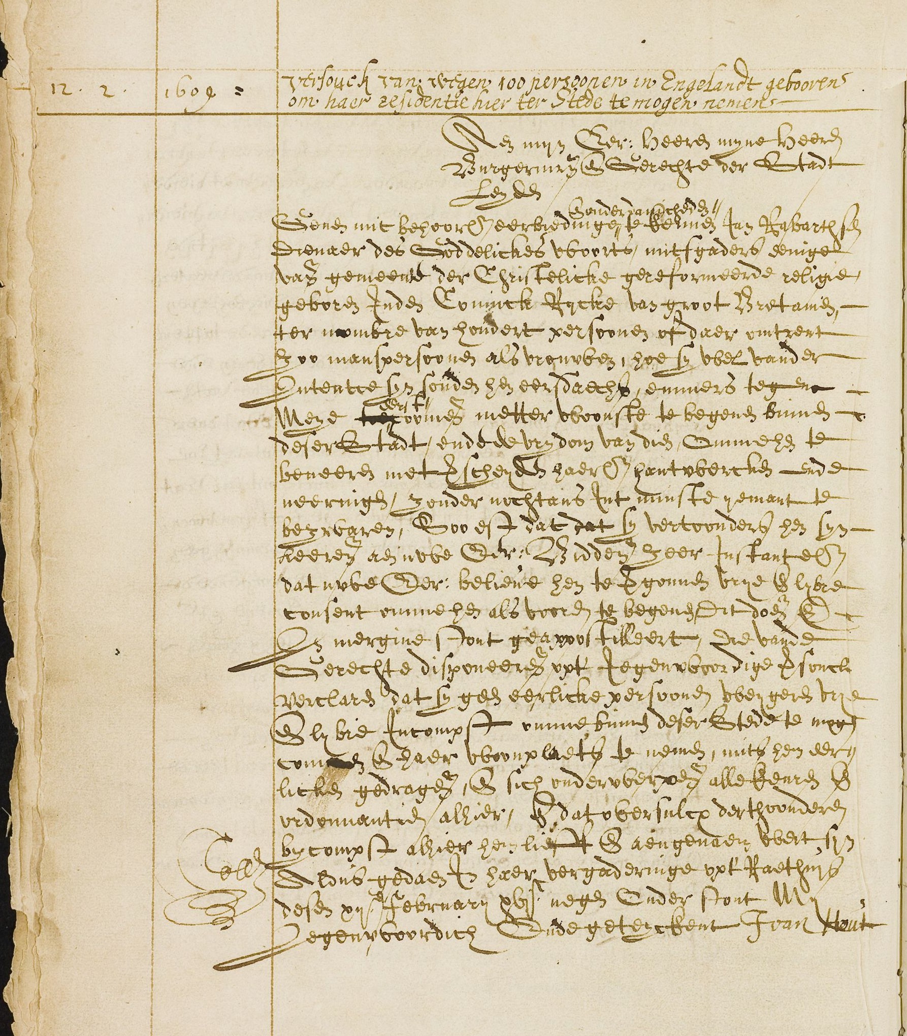 Archival scan of John Robinson's request for his congregation to settle in Leiden, dated 12 February 1609